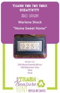 Trash to Treasure submission of a home address marker made from an old wood-framed mirror, old bathroom tiles, and vinyl