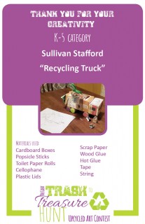 Trash to Treasure submission of a truck made from cardboard boxes, popsicle sticks, toilet paper rolls, cellophane, plastic lids, scrap paper, tape, and string