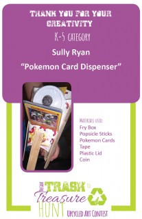 Trash to Treasure Pokemon card dispenser made from a fry box, popsicle sticks, Pokemon cards, a plastic lid, and a coin