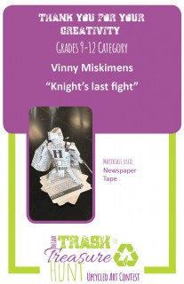 Trash to Treasure art submission of a knight made out of newspaper