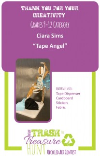 Trash to Treasure submission entitles "Tape Angel" made from a tape dispenser, cardboard, stickers, and fabric