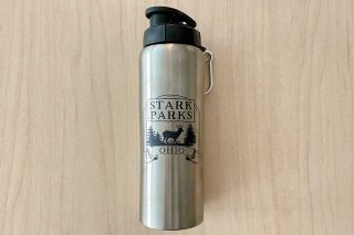Metal water bottle with Stark Parks logo on front