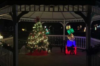 Tree and presents lit up with bench inside decorated gazebo