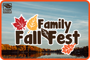 Family Fall Fest with leaves over image of lake