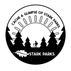 Logo with sunshine and hikers with Cache a Glimpse of Stark Parks in text