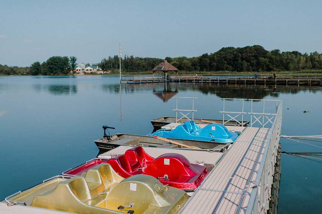 Pedal boats docked at Sippo Lake Marina