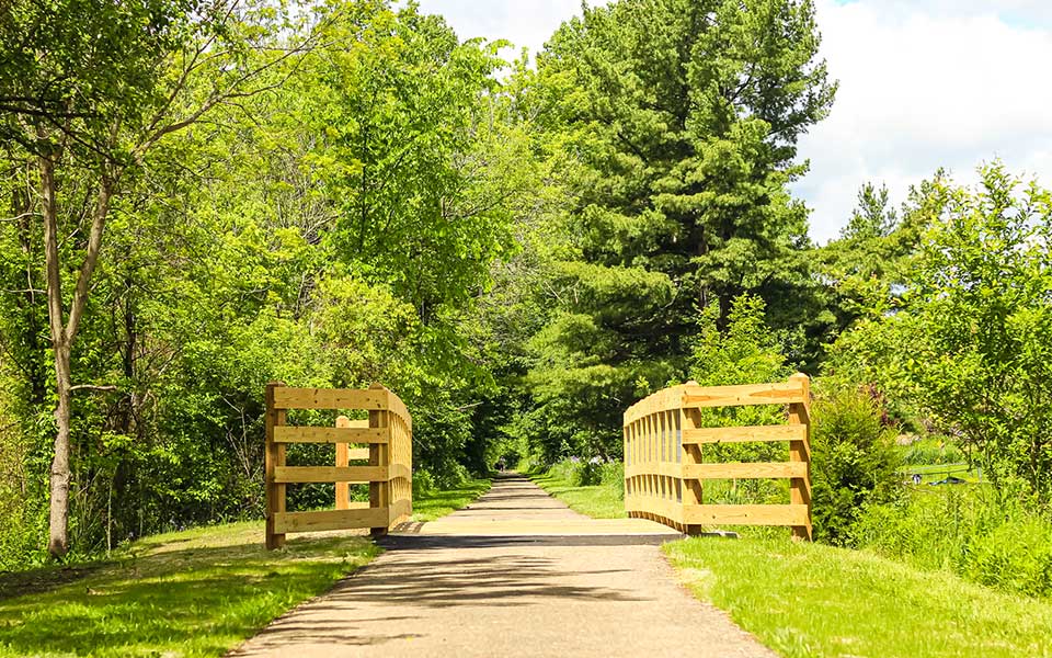 Trail leading up to bridge with decking on side