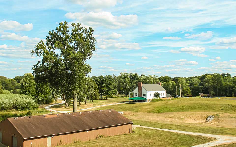 buildings inside the park with trees and grass surrounding them