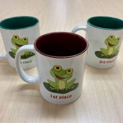 Coffee Mugs with frog and finish place on it