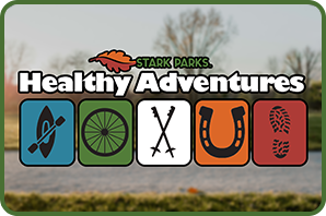 kayak, bike wheel, ski poles, horseshoe, and hiking boot print with Healthy Adventures written above